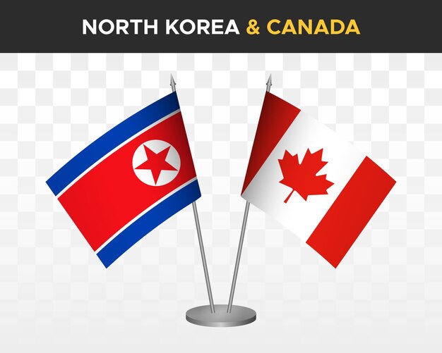 Nordkorea vs. kanada schreibtischflaggen mockup isolierte 3d-vektorillustration tischflaggen