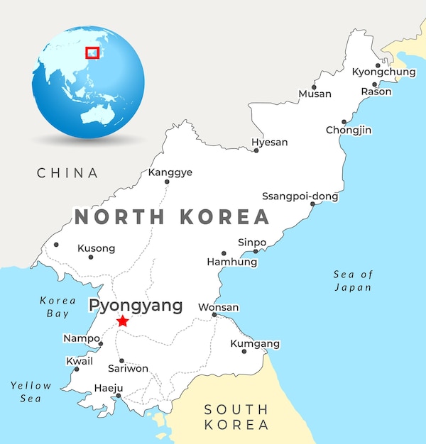Vektor nordkoreas karte mit der hauptstadt pjöngjang, den wichtigsten städten und den landesgrenzen