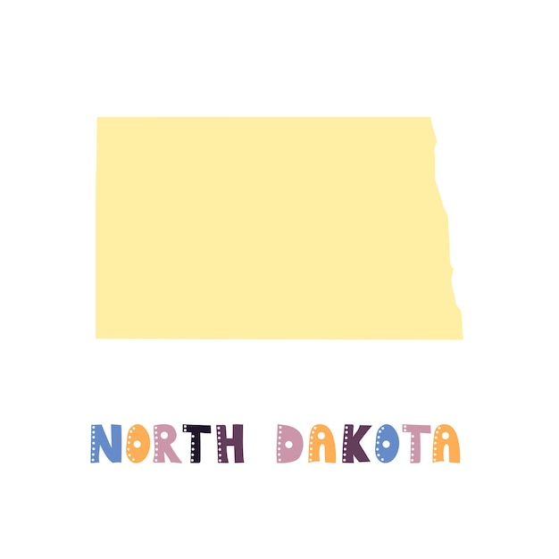 North dakota-karte isoliert. usa-sammlung. karte von north dakota - gelbe silhouette. schriftzug im doodle-stil auf weiß