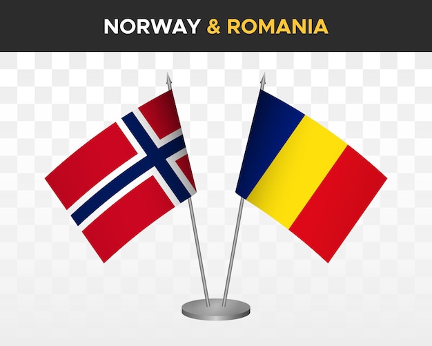 Norwegen vs rumänien schreibtischfahnen mockup isolierte 3d-vektorillustration norwegische tischflagge