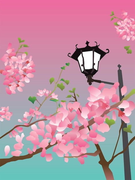 Vektor nostalgische landschaftsillustration des rosa blumenbaums und der straßenlaterne im park