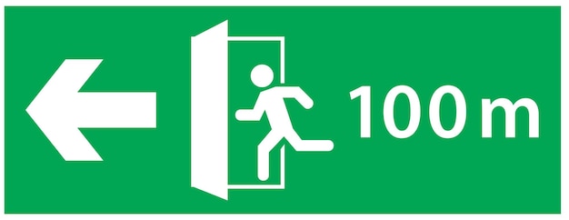 Notausgangsschild gesetzt. Laufendes Mannsymbol zur Tür, grüne Farbe, Meterzahl bis zum Ausgang