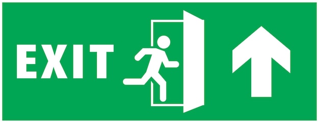 Notausgangsschild. Running Man-Symbol zur Tür. grüne Farbe. Pfeilvektor. Warnschild