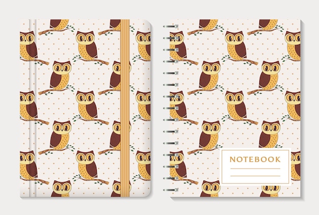Notebook-cover-design mit handgezeichneten eulen und tupfen-hintergrund-set.
