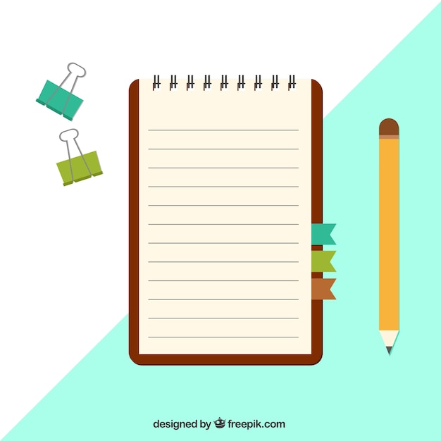 Notebook mit Clips und Bleistift in flacher Bauform