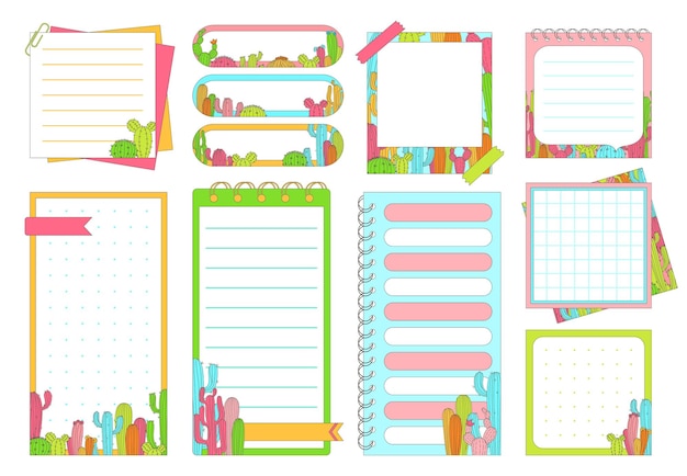 Notepapier-Seite Lesezeichen-Aufkleber-Set mit Kaktus-Schreibwaren-Elementen Planung täglicher Planer Vektor