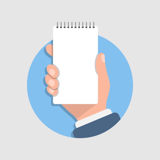 Notizbuch in der Hand Illustration im flachen Stil Papierblatt Vektorillustration auf isoliertem Hintergrund Geschäftskonzept für Seitenzeichen