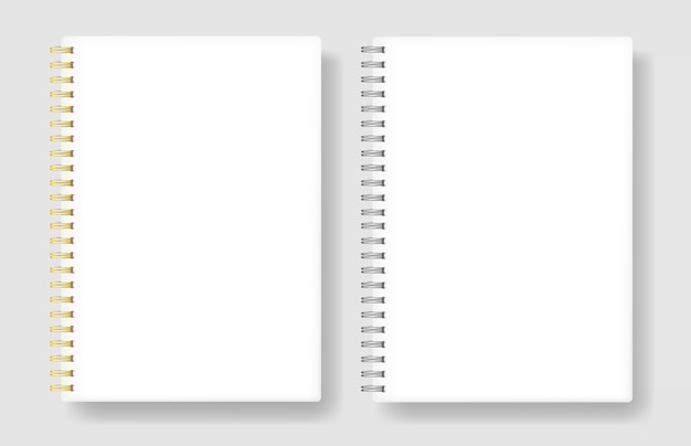 Notizbücher mit Metallspiralen in verschiedenen Farben. Layouts zur Verwendung in der Werbung. Auf hellem Hintergrund isoliert. Vektor.