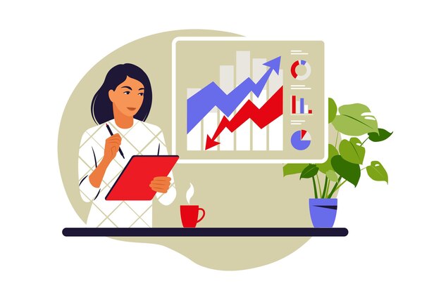 Notizen-Konzept machen. Frau macht sich Notizen. Vektor-Illustration. Eben.