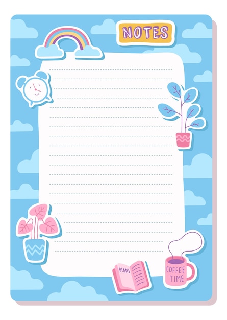 Notizen Seite Planer Blatt Vorlage Schöne Aufkleber auf blauem Hintergrund Regenbogen Hauspflanzen und Kaffeetasse Rahmen für Text mit Streifen Organisator oder Notebook Vektor-Illustration