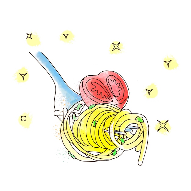 Vektor nudeln mit tomaten auf einer gabel köstliches bild für werbeaquarell