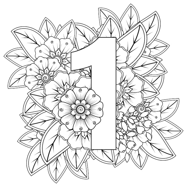 Nummer 1 mit dekorativem Ornament der Mehndi-Blume im ethnischen orientalischen Stil Malbuchseite