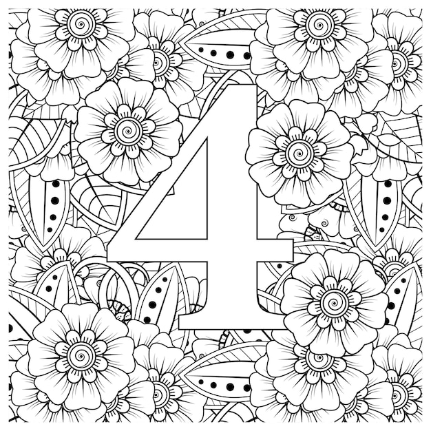 Nummer 1 mit dekorativem Ornament der Mehndi-Blume im ethnischen orientalischen Stil Malbuchseite