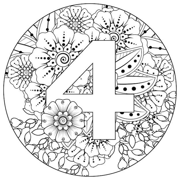 Nummer 4 mit dekorativem Ornament der Mehndi-Blume im ethnischen orientalischen Stil Malbuchseite