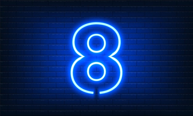 Vektor nummer acht 8 leuchtreklame auf backsteinmauerhintergrund vintage blaues elektrisches schild mit hellem neon