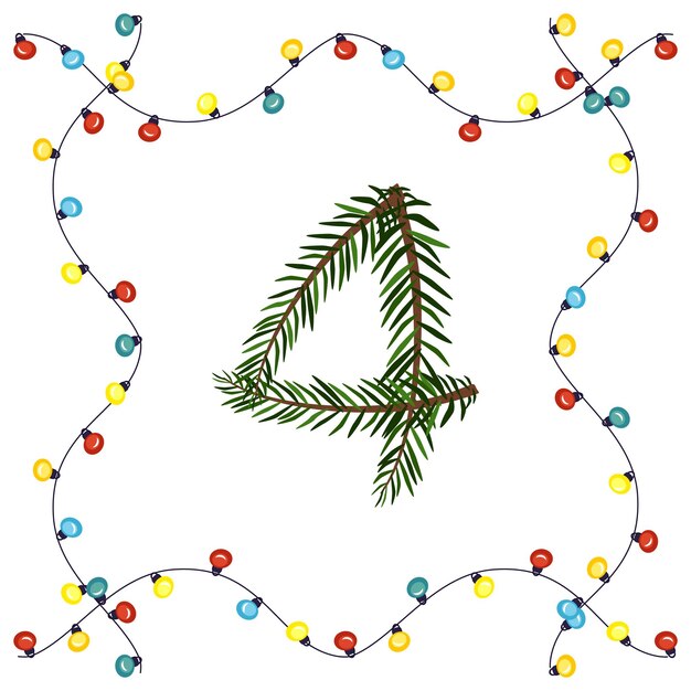 Vektor nummer vier aus grünen weihnachtsbaumzweigen. festliche schriftart und rahmen aus girlande, symbol für ein frohes neues jahr und weihnachten, charakter für die datumsdekoration