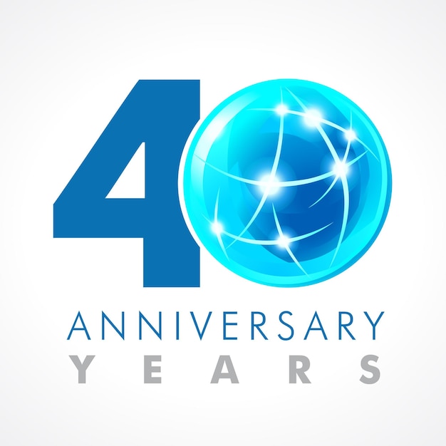 Nummer zum 40-jährigen Jubiläum. 40 Jahre altes Logo. Design im Weltraumstil. Glänzender 3D-Ball.