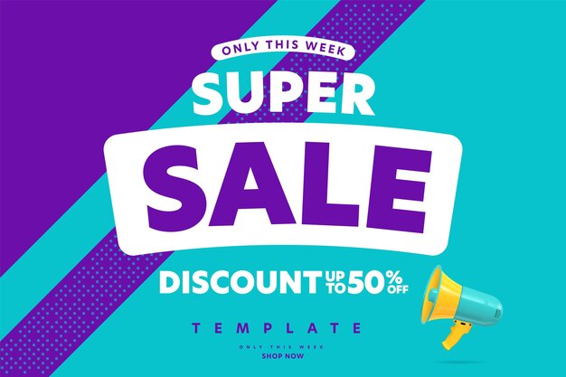 Nur eine woche super sale rabatt bis zu 50 prozent auf die vorlage. helles banner oder poster der marketingförderung mit megaphon mit einsparungen im einzelhandelsgeschäft bieten werbevektorillustration an