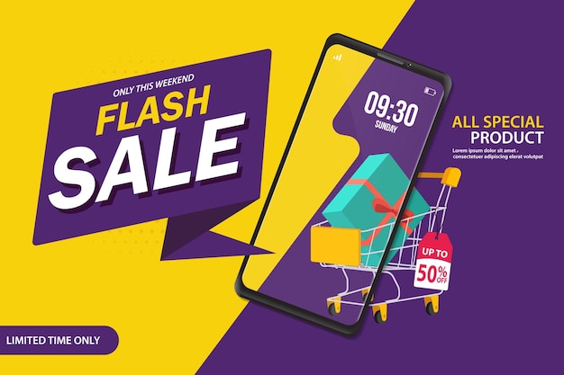 Nur weekend special flash sale-banner flash sale-rabatt bis zu 50 prozent rabatt vektorillustration
