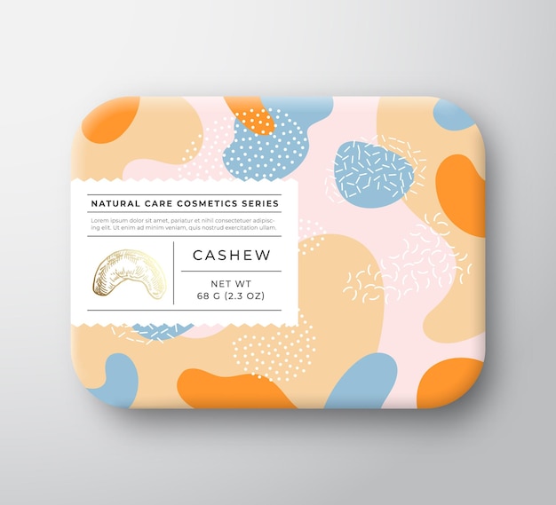Nuts Bath Cosmetics Package Box Vector Wrapped Paper Container with Care Label Cover Packaging Design Modern Typography and Hand Drawn Cashew Abstract Camo Background Pattern Layout