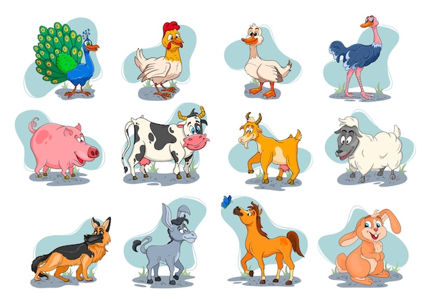 Vektor nutztiere charaktere große reihe von cartoon ländlichen tieren. pferd, schwein, ente, huhn, hase, strauß, kuh, ziege, pfau, esel, schaf, hund. kinderillustration. zur dekoration und gestaltung.