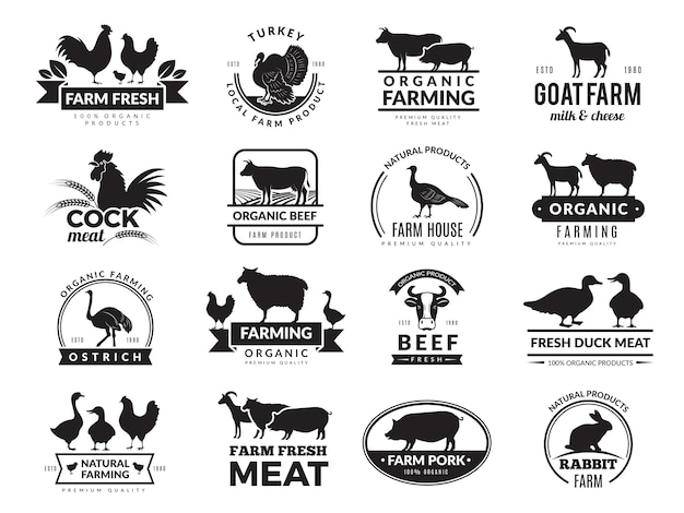 Nutztiere. geschäftslogo mit haustieren kuh huhn ziege gesunde lebensmittel symbole farmsammlung