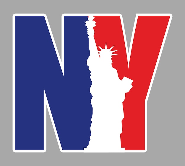 Vektor ny, new york logo typ symbol mit freiheitsstatue vektorillustration und hintergrund der amerikanischen flagge.