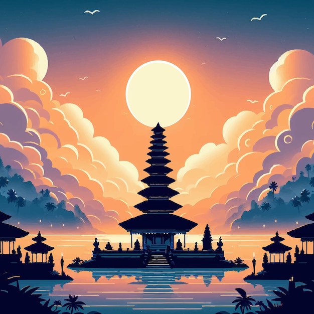 Nyepi-Tag der Stille Hintergrundillustration mit Tempel beim Sonnenuntergang