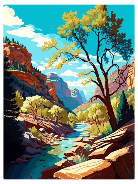 Vektor oak creek canyon arizona vintage reiseplakat souvenir postkarte porträtmalerei wpa illustration