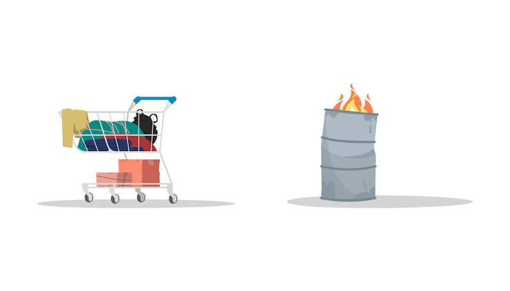 Vektor obdachlose attribute halbflacher rgb-farbvektorillustrationen eingestellt. wagen mit müll im inneren. metallfass mit feuer. brennende tonne. obdachlosigkeit isolierte cartoon-artikel auf weißem hintergrund
