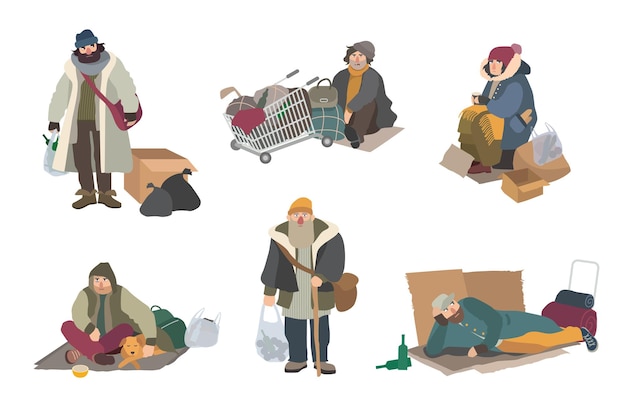 Vektor obdachlose menschen. flache zeichentrickfiguren stellen illustration ein.