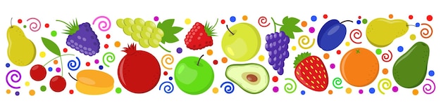 Obst beere cartoon panorama-banner frische himbeere erdbeere brombeere brombeere kratzbeere trauben zitrone pfirsich granatapfel kirsche aprikose apfel birne pflaume orange avocado gesunde ernährung flach auf weiß