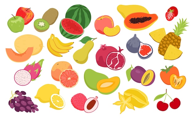 Vektor obst-lebensmittel-set frische bio-öko-sommer-saisonprodukte für den agrarmarkt cartoon fruity co