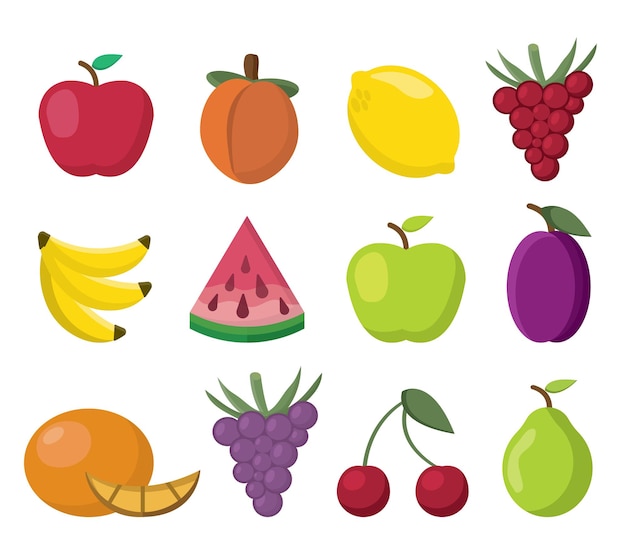 Obst Satz von isolierten ObjektenApfel Traube Pfirsich Zitrone Birne Pflaume Orange Kirsche Banane Wassermelone gesundes Essen Obst Beeren einfache Cartoon flache Vektorobjekte