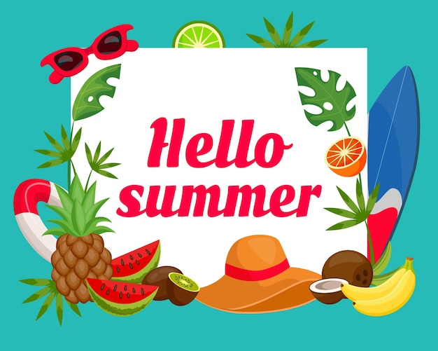 Vektor obst sommer hintergrund hallo zeit spaß essen banner glückliche reise und outdoor-picknick kaltes getränk etikett oder partyplakat surfen und strandwerkzeuge vektor-gruß-design-cartoon-illustration