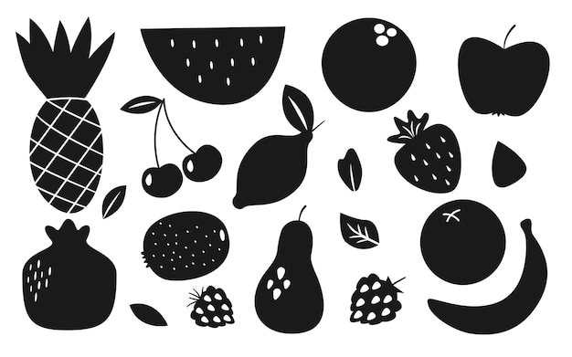 Vektor obst- und beeren-glyphen-silhouette, schwarzes symbol-set