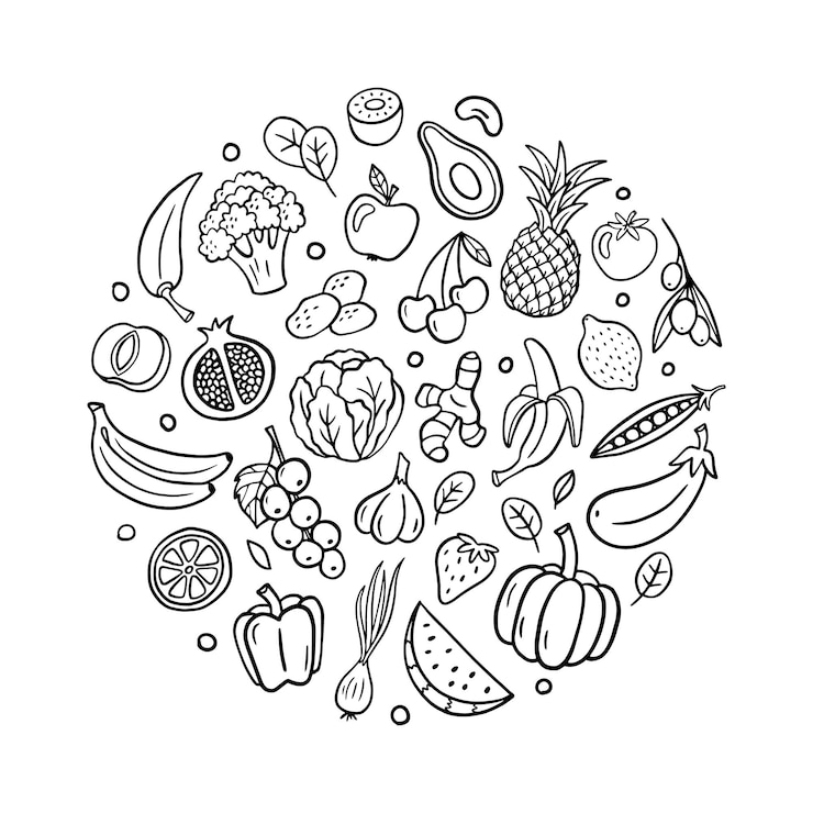 Vektor obst und gemüse im doodle-stil