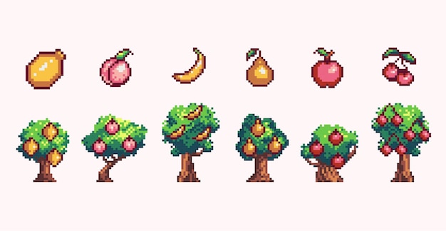 Vektor obstbäume pixel art set orchard collection bananen-apfel-kirsch-zitronen-pfirsich-birnen-farm