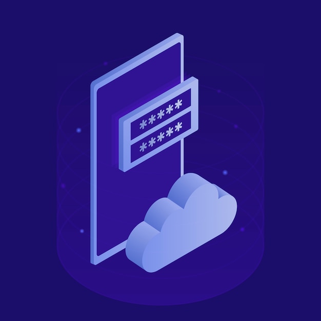 Öffentliche datenspeicherung des unternehmens, zugriff auf dateien, moderner serverraum, smartphone, cloud-symbol, registrierungsformular. moderne isometrische darstellung