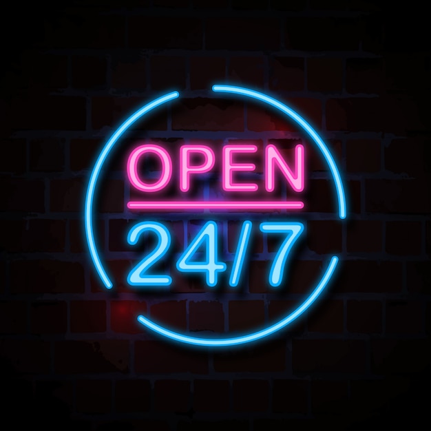 Öffnen Sie 24/7 Neon-Stil Zeichen Illustration