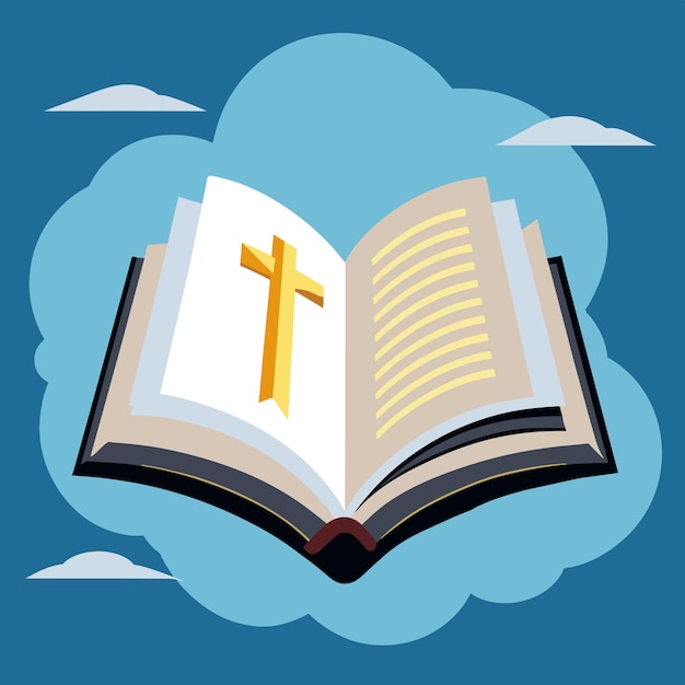Öffnen Sie die Bibel, das heilige Buch der Christen, Clipart über Religion, Christentum, flacher Cartoon-Stil