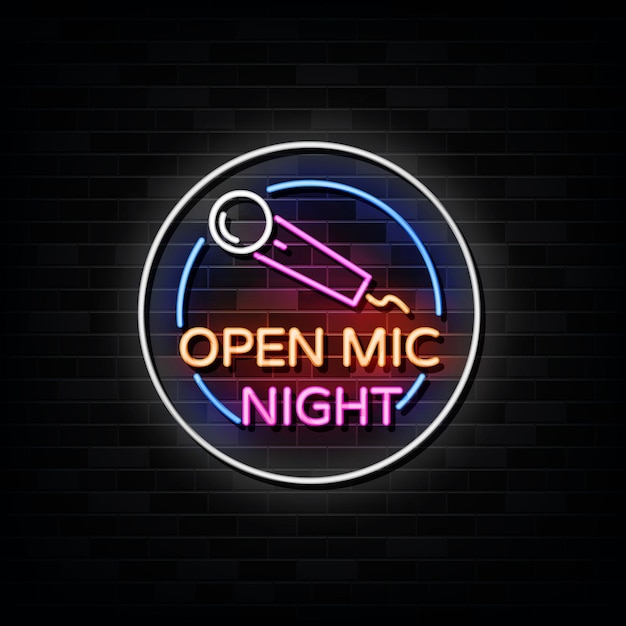 Öffnen sie mic night neon signs. design vorlage neon style