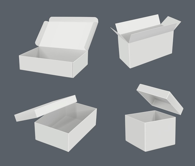Öffnen Sie realistische Boxen. Paketvorlagen Karton leere Behälter anständiges Vektor-Leermodell. Illustration Geschenkpaket leer, Verpackungskarton 3d