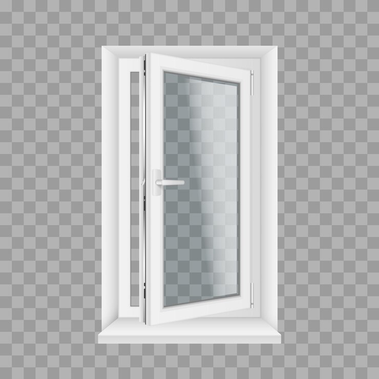Vektor öffnen sie realistisches transparentes kunststofffenster aus glas mit fensterbänken und öffnungsgriff