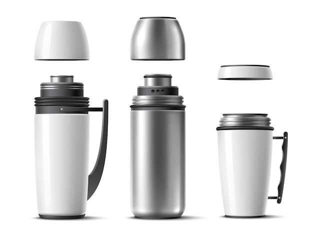 Öffnungsbecher-Thermos verschiedene Typen realistisch geöffnete Thermo-Flaschen mit wirbelnden Becherkappen, die die Temperatur der Getränke aufrechterhalten, Reisebehälter für heiße Geträne 3D-Objekte, Vektor-Satz
