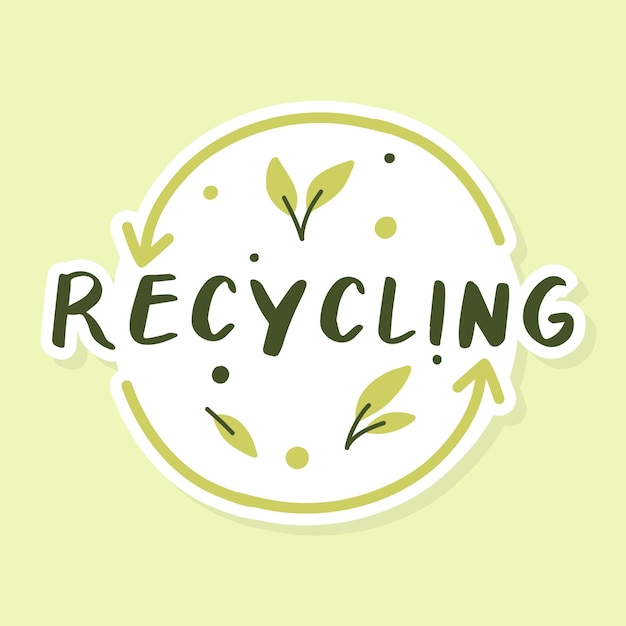 Öko-Aufkleber mit Pfeilen und Schriftzug Öko-Aufkleber für das Recycling Vektorgrafik Flacher, handgezeichneter Stil Isolierter Aufkleber