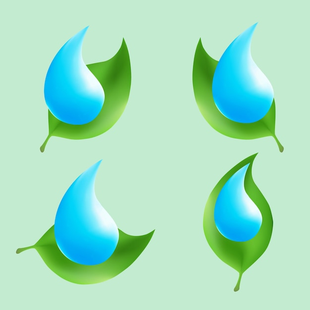 Öko-Logo Bio-Vektorlogos Blauer Wassertropfen auf einem grünen Blatt Isolierte Symbole