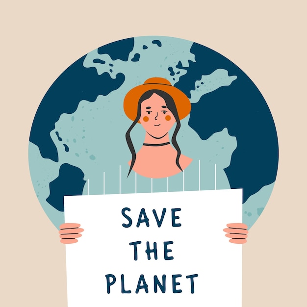 Ökoaktivist protest gegen den globalen streik gegen den klimawandel fordert dringende maßnahmen frau marschiert auf demonstration zum schutz der umwelt frauen halten sve the planet poster flache vektordarstellung