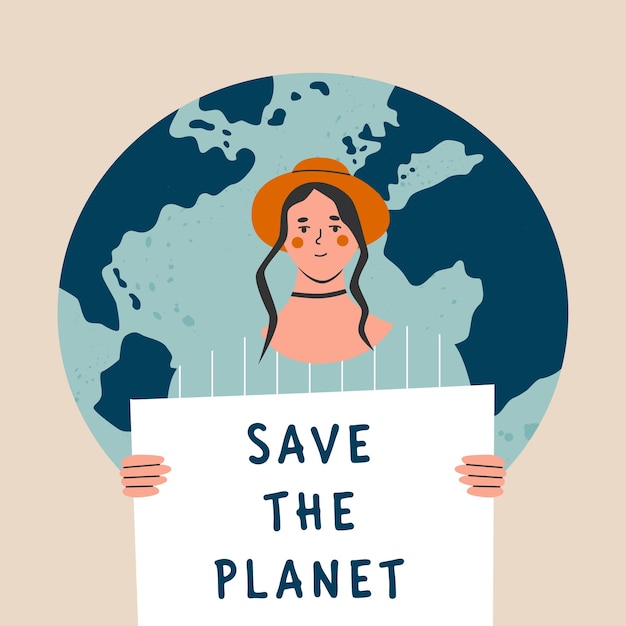 Vektor Ökoaktivist protest gegen den globalen streik gegen den klimawandel fordert dringende maßnahmen frau marschiert auf demonstration zum schutz der umwelt frauen halten sve the planet poster flache vektordarstellung