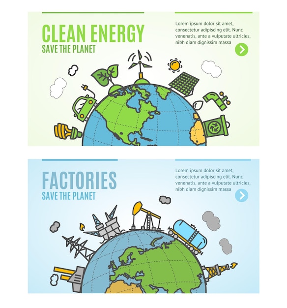 Ökologie flyer saubere energie und fabriken banner poster kartenset vektor